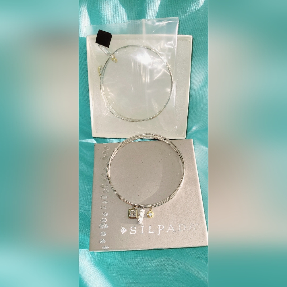 "NEW" Silpada .925 Sterling Silver Double Bangle CZ Brass Charms B3079